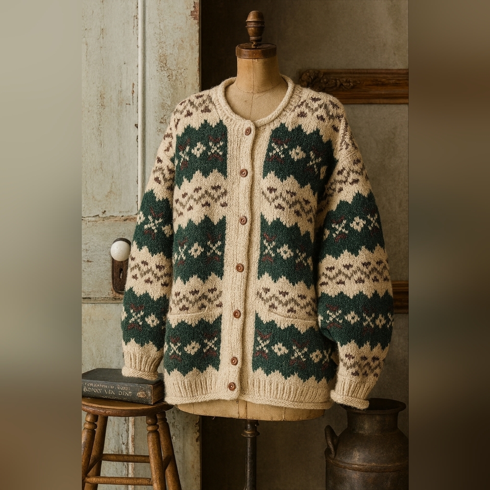 Handknit Wool Blend Cozy Cream and Green Patterned Women's Sweater